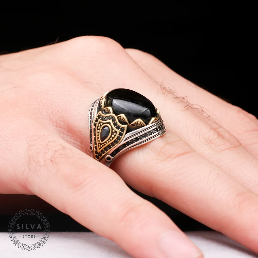 Original 925 Silver Men's ring With Onyx Stone. Men's Jewelry Stamped With Silver Stamp 925 All Sizes Are Available