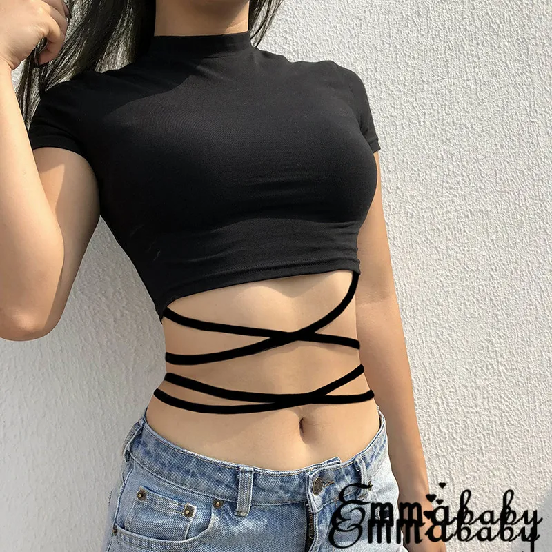 

2020 Summer Women Black Short T-Shirts Sexy Crop Tops Short Sleeve Bandage Tee Tops Female Shirts