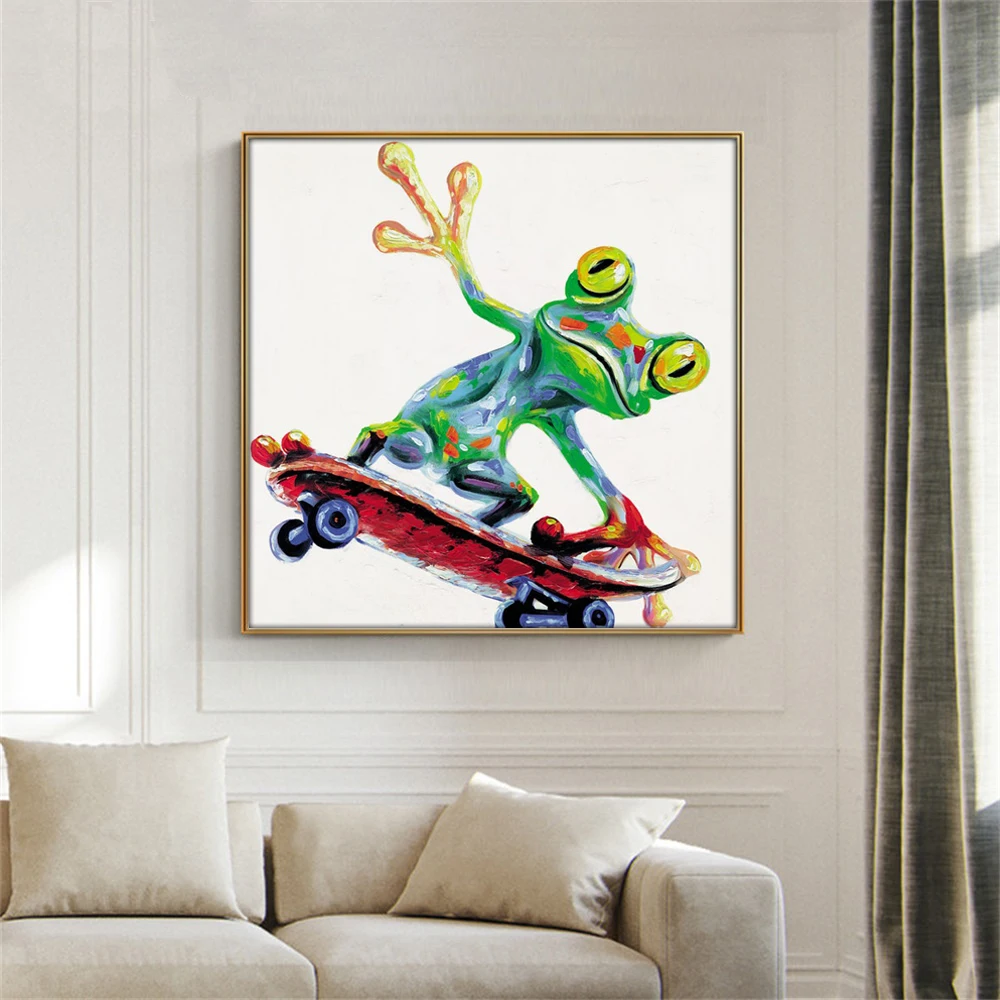 

Modern Canvas Painting Abstract Animal Art Funny Green Frog Play Red Skateboard Cartoon Painting Kids Large Wall Art Home Decor