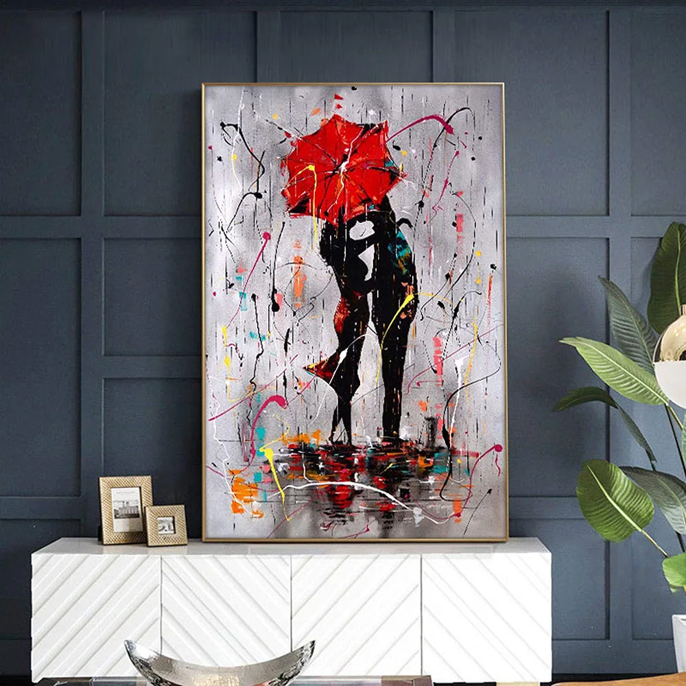 

Kissing Couple With Red Umbrella in Colorful Rain Canvas Painting Graffiti Painted Poster Wall Picture Living Room Decor Cuadros