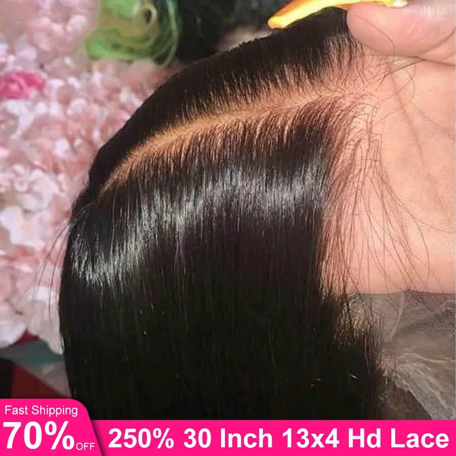 Парик женский прямой из натуральных волос с прозрачной кружевной передней