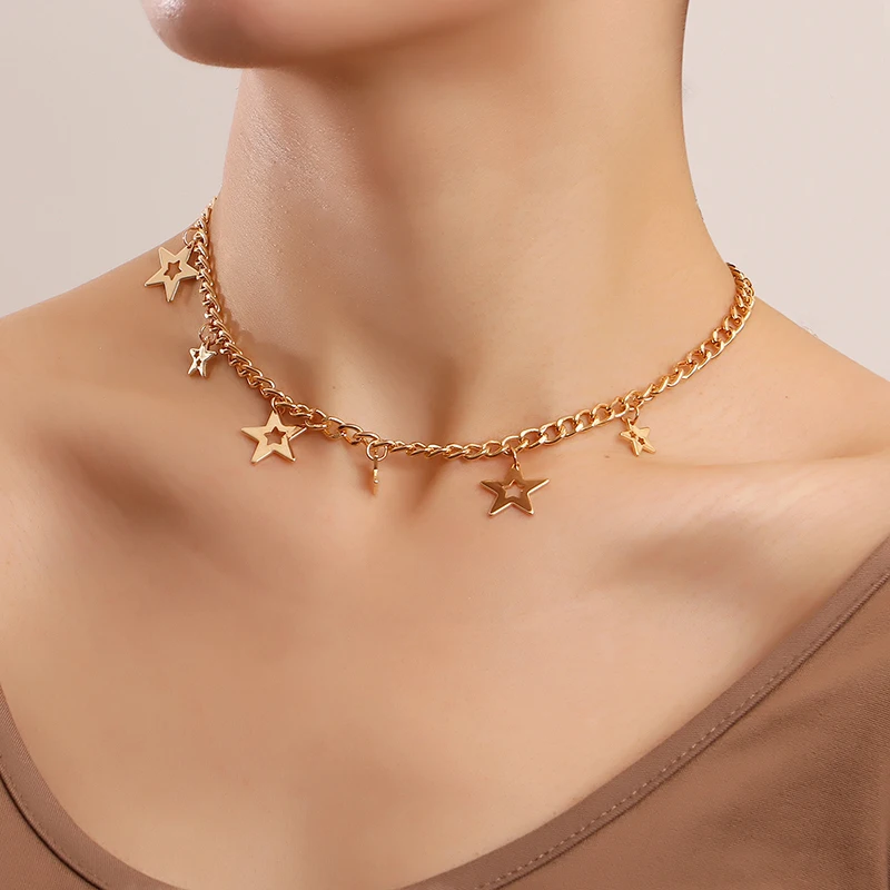 

Ожерелье-чокер со звездами для женщин, модное ювелирное изделие золотого цвета с цепочкой до ключиц на шею, женское ожерелье с пятиугольной ...