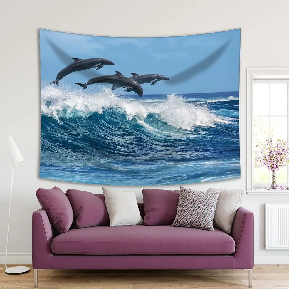 

Tapestry Three beautiful Dolphins Jumping over Breaking Waves Hawaii Pacific Ocean Wildlife Scenery Blue White