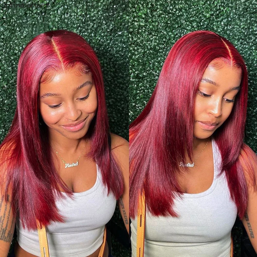 Burgundy Straight 13*1 T Part Lace Front Wig Deep Middle Parting 150% Density Human Hair Wigs Pre Plucked for Black Women