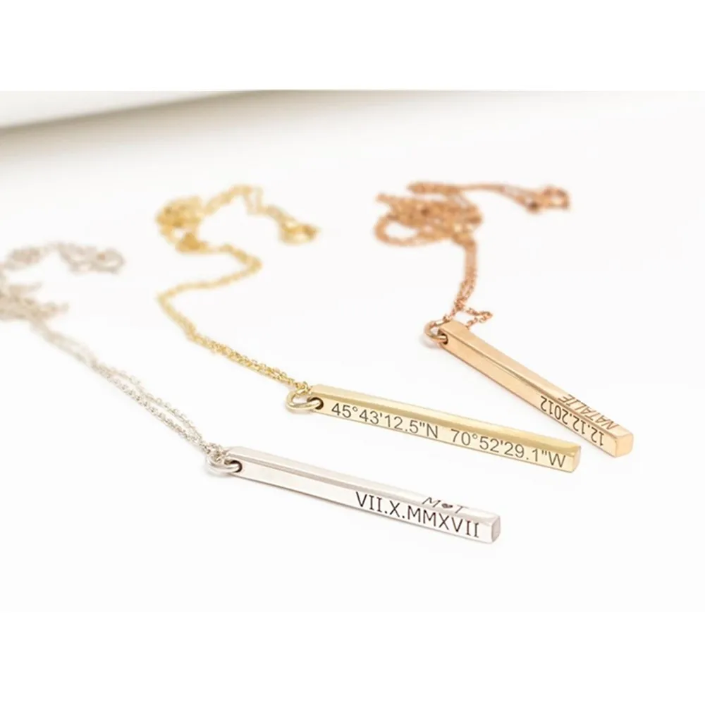 

Ожерелье из твердого серебра с гравировкой с 4 Сторон, ожерелье с вертикальной платой, изящное минималистичное 3D ожерелье с платой, подарок ...