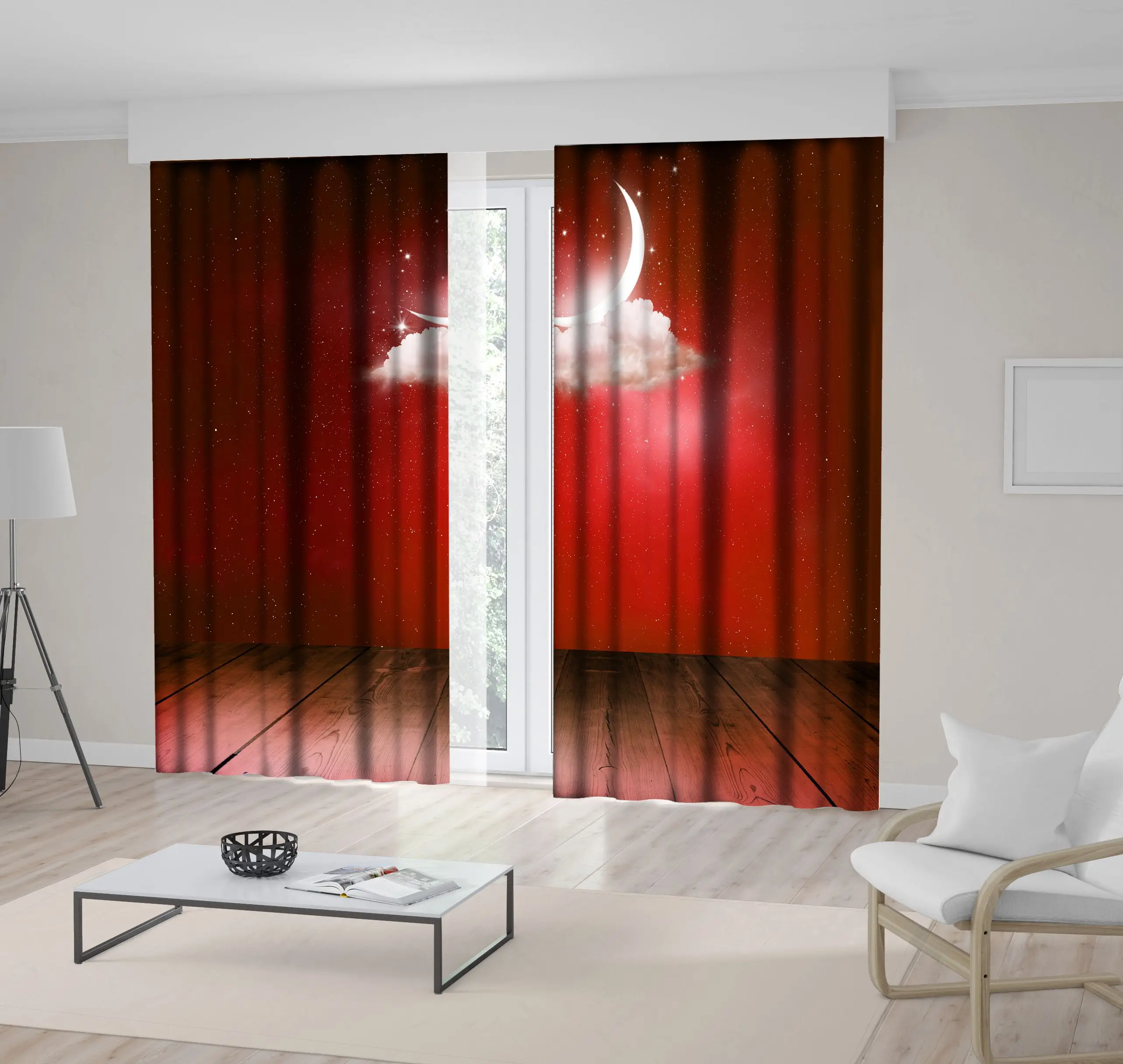 

Curtain Crescent Moon on A Cloud Against Starry Night Sky View From Wooden Deck Lunar Calendar New Month Blue White