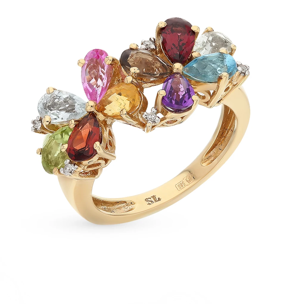 Золотое кольцо с аметистом топазами гранатом цитринами и бриллиантами SUNLIGHT