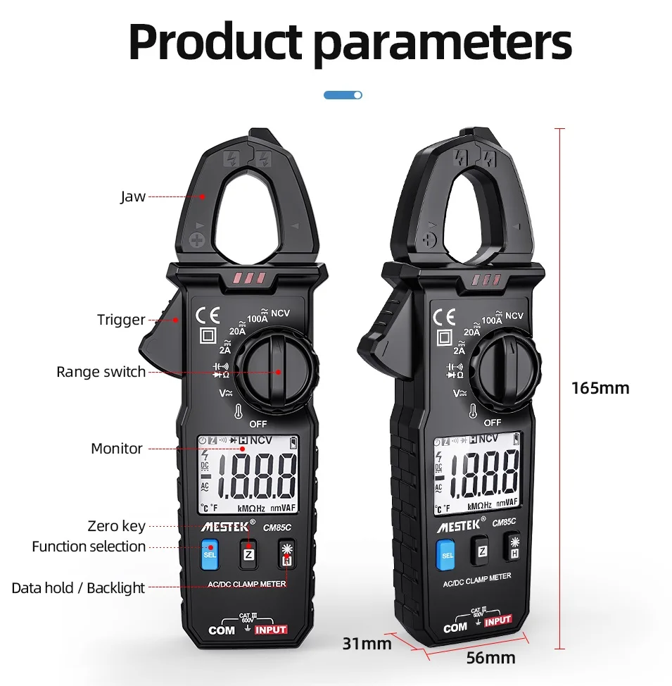

Mestek Mini Clamp Meter Auto Range 100A 600V NCV High Precision Multimeter Protable Digital Clamp Meter With Temperature Probe