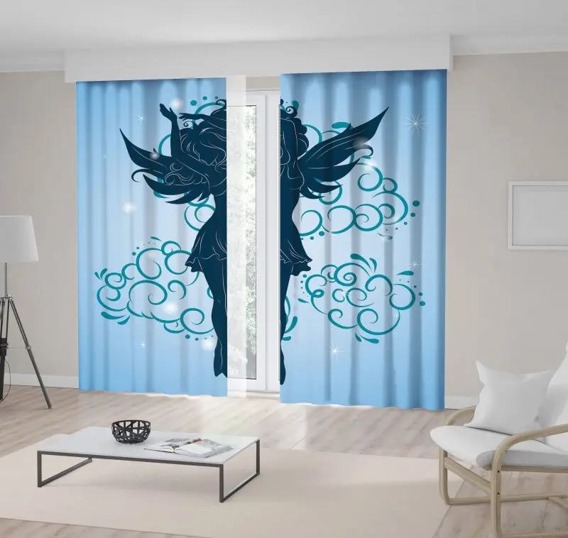 

Curtain Fairy Girl with Wings Flying Dancing on Clouds Silhouette Imagination Blue and Black Artwork Print