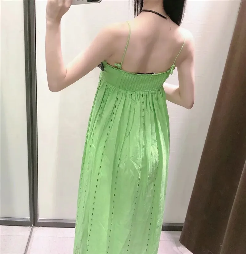 

NWOMN Za Green Slip Dress Women Embroidery Midi Dress Woman Elegant Pleated Long Dresses Summer 2021 Sexy Backless Cut Out Dress