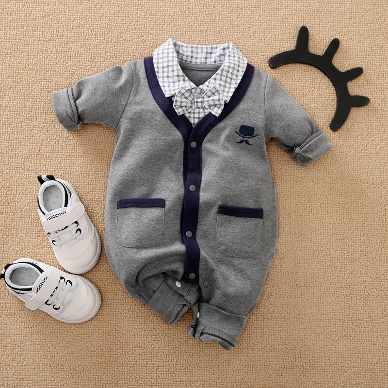 PatPat 100% Cotton Plaid Lapel Bowtie Long-sleeve Faux-two Baby Jumpsuit