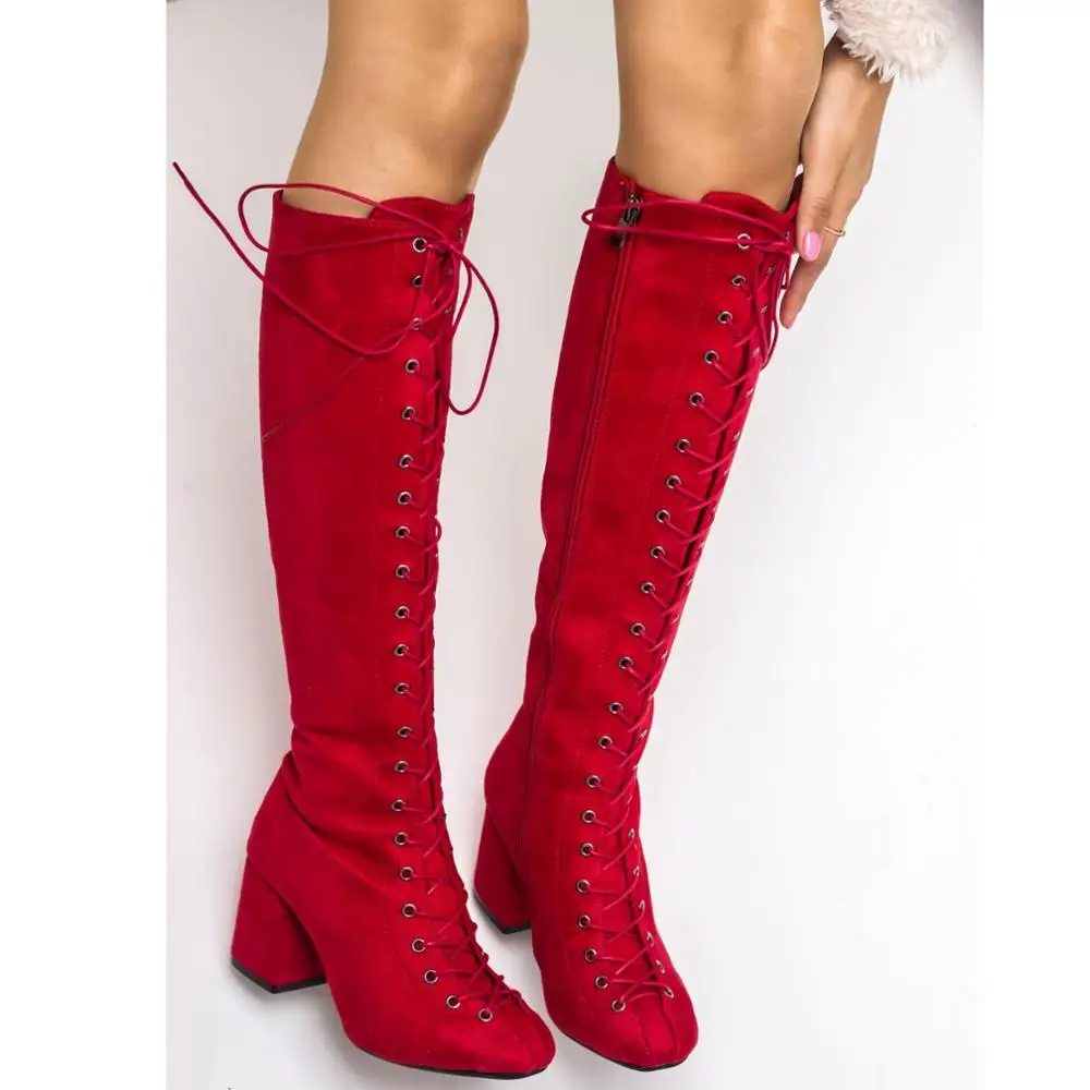 

Red Color Suede PU Leather New Season Autmn Winter 2021 Fashion Stylish Comfortable Long Lace-Up Zipper Female Women Boots