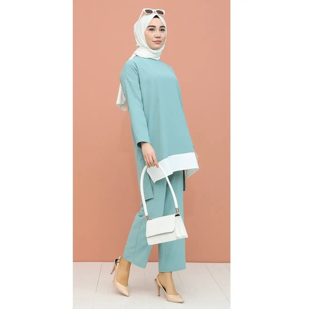 

Garnish Tunic - Trousers Double Set Straight Button Unlined Long Sleeve Zero Collar Hijab Clothing Women Fashion Muslim