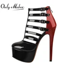 Женские туфли-лодочки Onlymaker на платформе с острым носком и пряжкой на лодыжке на тонком высоком каблуке черные и красные лакированные кожаные туфли большого размера