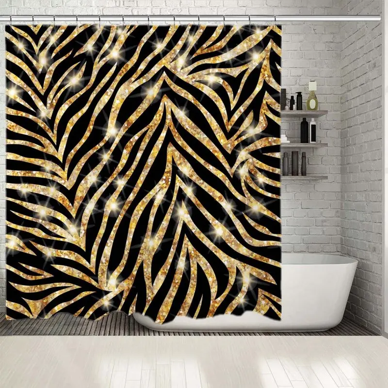 Занавеска для душа с золотым рисунком зебры на черном фоне стильный шикарный