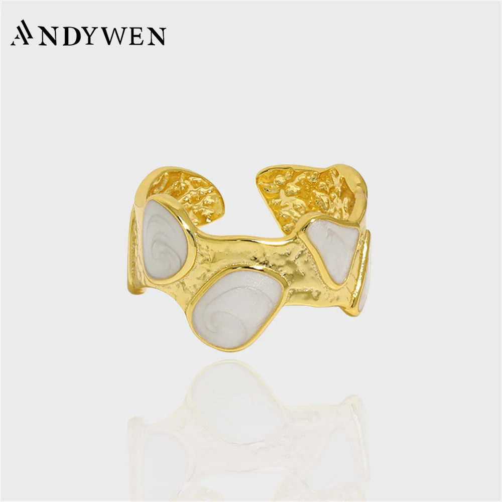 

ANDYWEN 925 Sterling Silver Gold Big White Gems Resizable Rings Adjustable Women Wedding Jewelry Crystal Large Jewels