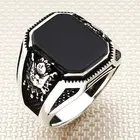 Винтажное прямоугольное мужское серебряное кольцо из черного оникса с оттоманным гербом, Сделано в Турции, 925 пробы серебро
