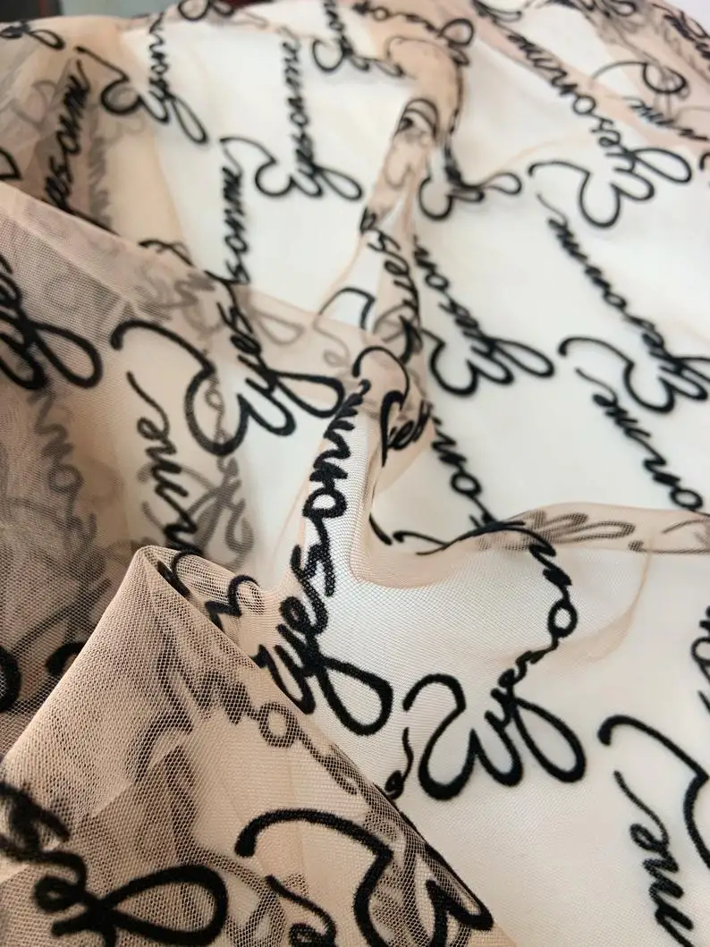 1 ярд вышитые Тюлевая сетчатая кружевная ткань с бархатом слова эластичные