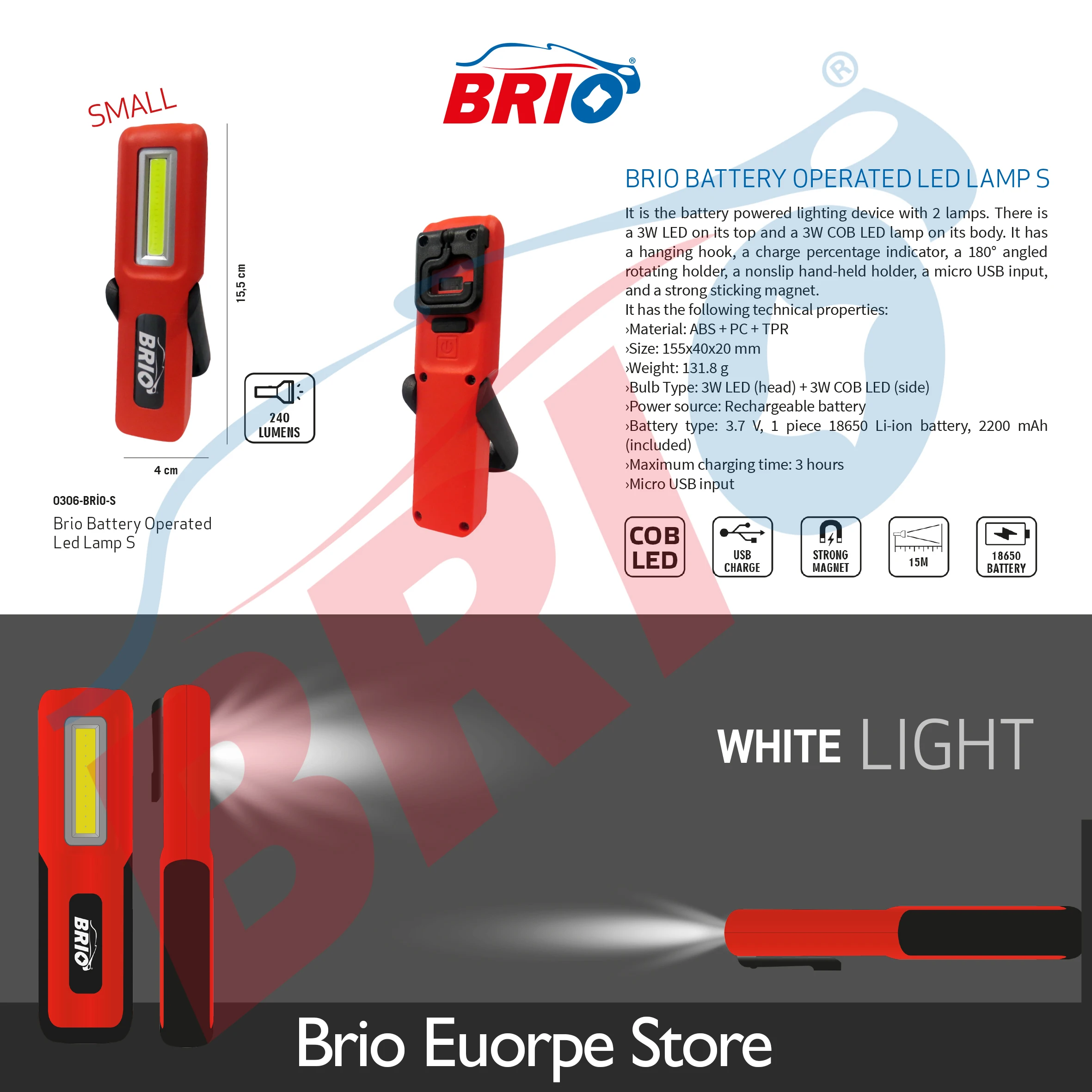 Brio Led Rechargeable Work Light Hand Torch 3W COB Flashlight Double Magnetic and Hookable Design Portable 240 Lumen USB | Освещение