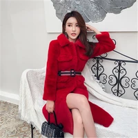 red mid length coat korean version of the autumn and winter new fashion waist was thin and thick ladies jacket jacket female