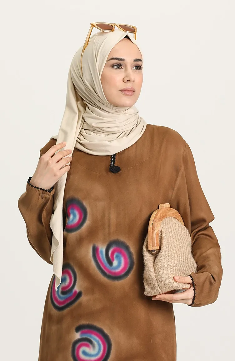 

Sile Cloth Dress Muslim Fashion Casual Elegant Zero Collar Long Sleeve Tie Dyeing Cotton Fabric Summer Stylish Elastic Knit Belt