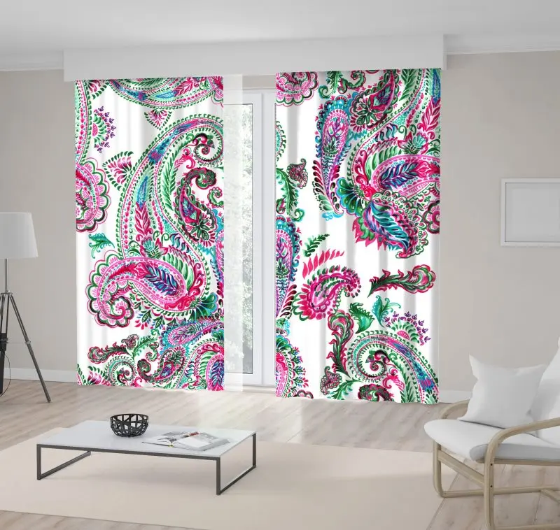 

Curtain Floral Paisley Pattern Leaves and Flowers Tribal Asian Style Ornament Art Green Fuchsia Blue