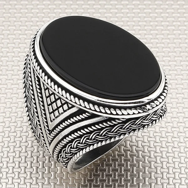 

Knitted and Rope Patterned Oval Black Onyx Gemstone Men 925 Sterling Silver Classy Ring Jewellery Gemstone Handmade Silver Ring