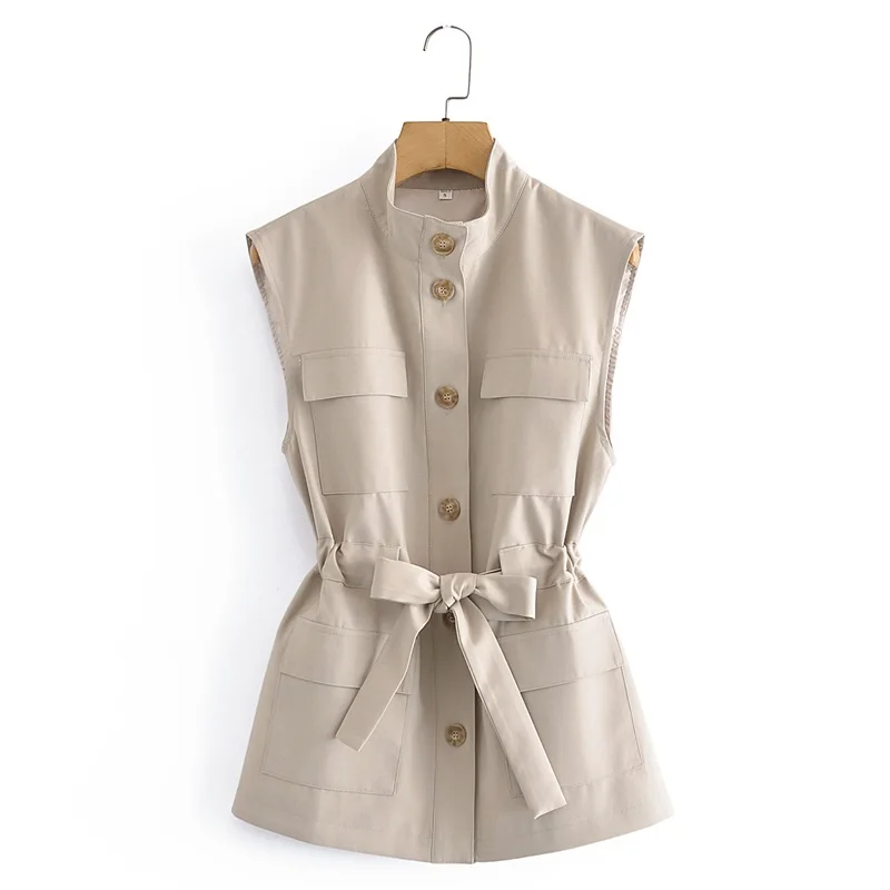 

ZXQJ Women 2022 Fashion With Belt Stand Collar Tooling Style Pocket Sleeveless Vest Vintage Casual Button Vest Outerwear