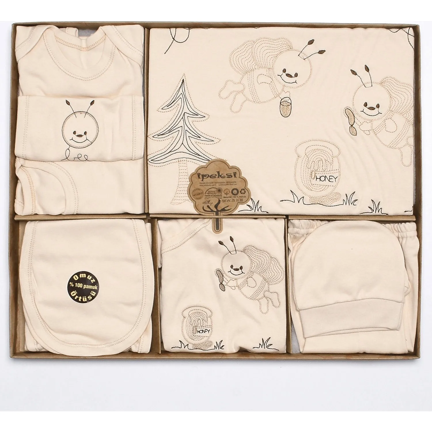 

Organic Hospital Outlet 11 Pieces Baby Boys Girls Cream Blanket Beanie Badi Singlet Bib Handkerchief Gloves