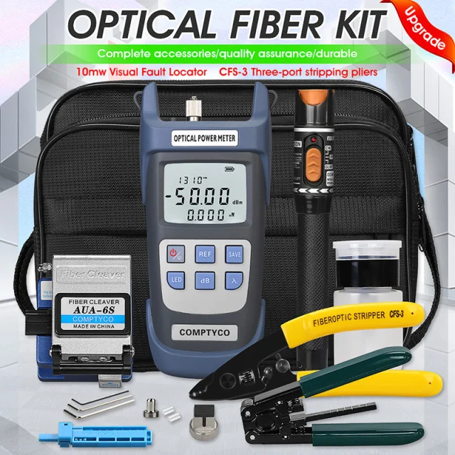 

FTTH Fiber Optic Tool Kit with -50-+26dBm Optical Power Meter 10mW Visual Fault Locator CFS-3 Stripper AUA-6S Fiber Cleaver