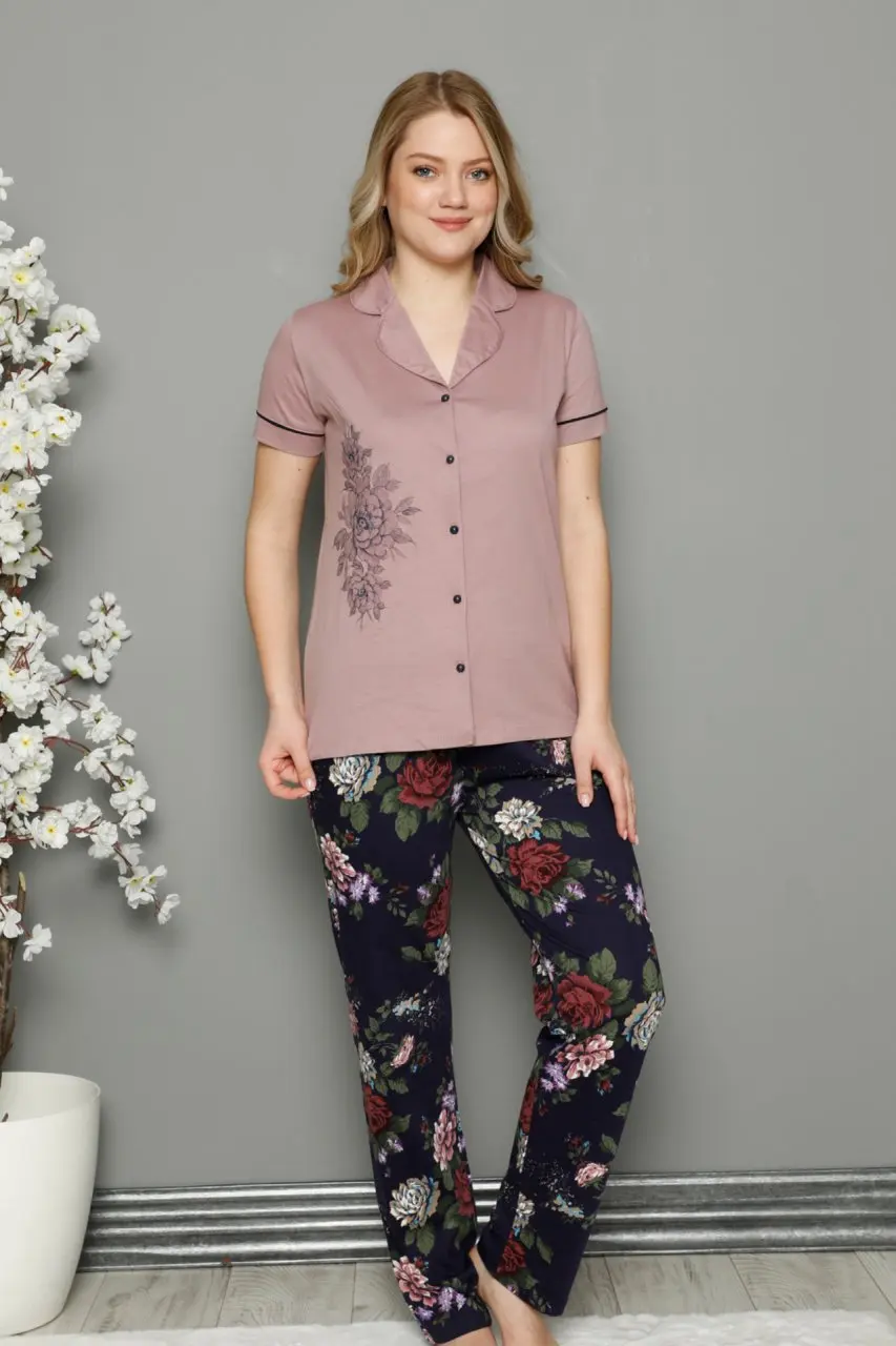 

New Summer Spring Women Pajama Sets Short Sleeve Sleepwear Pajamas Suit Homewear Overnight Dressing Gown With Flower Pattern