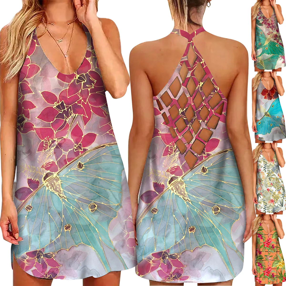 

Summer Women Fashion 3D Butterfly Floral Print Mini Dress Sleeveless Hallow Out Back Hawaiian Style Dresses Beachwear Clubwear