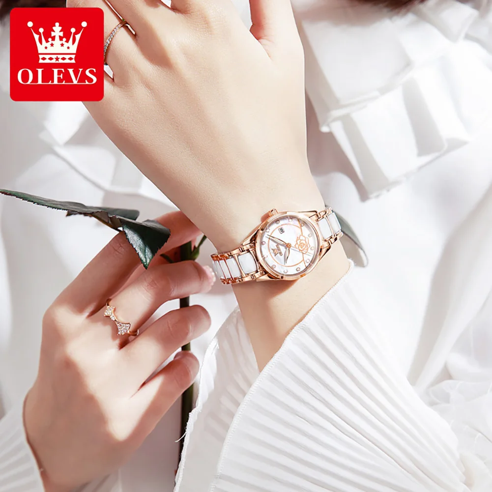 OLEVS Luxury Women Watch Camellia Quartz Japan Movement 30M Waterproof Watch For Women Ceramics Women Wristwatch Women Gift enlarge