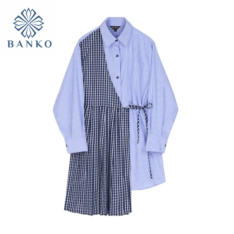 

Fashion Shirt Dress Women Autumn Korean Casual Cotton A-line Fake Two-Piece Ladies Shirt Dresses Long Sleeve Women Clothing
