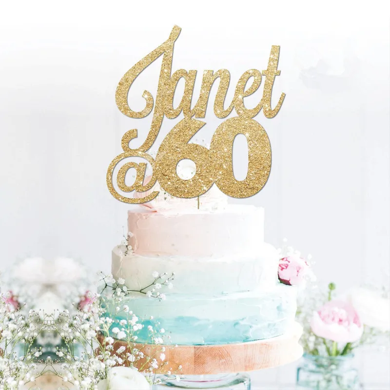 

Custom Janet 60 birthday glitter Gold cake topper personalised, 21, 30, 40, 50, 60, 70, 80,any name, any age Party Decorations