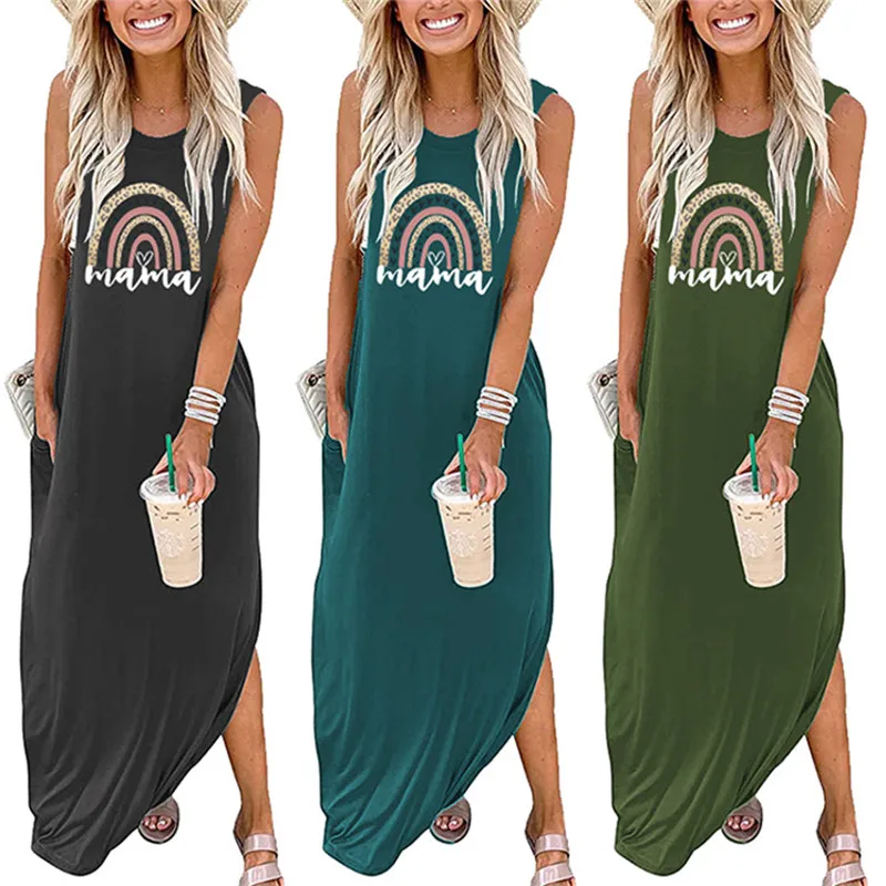 

Summer Women's Long One Piece Dress Loose Casual Mama Heart Leopard Print Dress Knit Sleeveless Tank Top Skirt