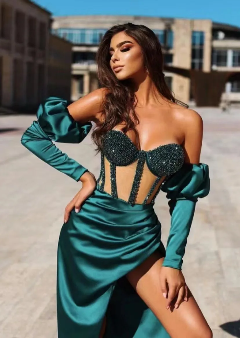 

Зеленое модное вечернее платье с блестками и высокой вязкой, атласное привлекательное вечернее платье с юбкой-годе и сердечком