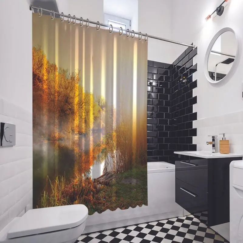 Занавеска для душа Туман над рекой деревья в лесу Осенняя природа Восход