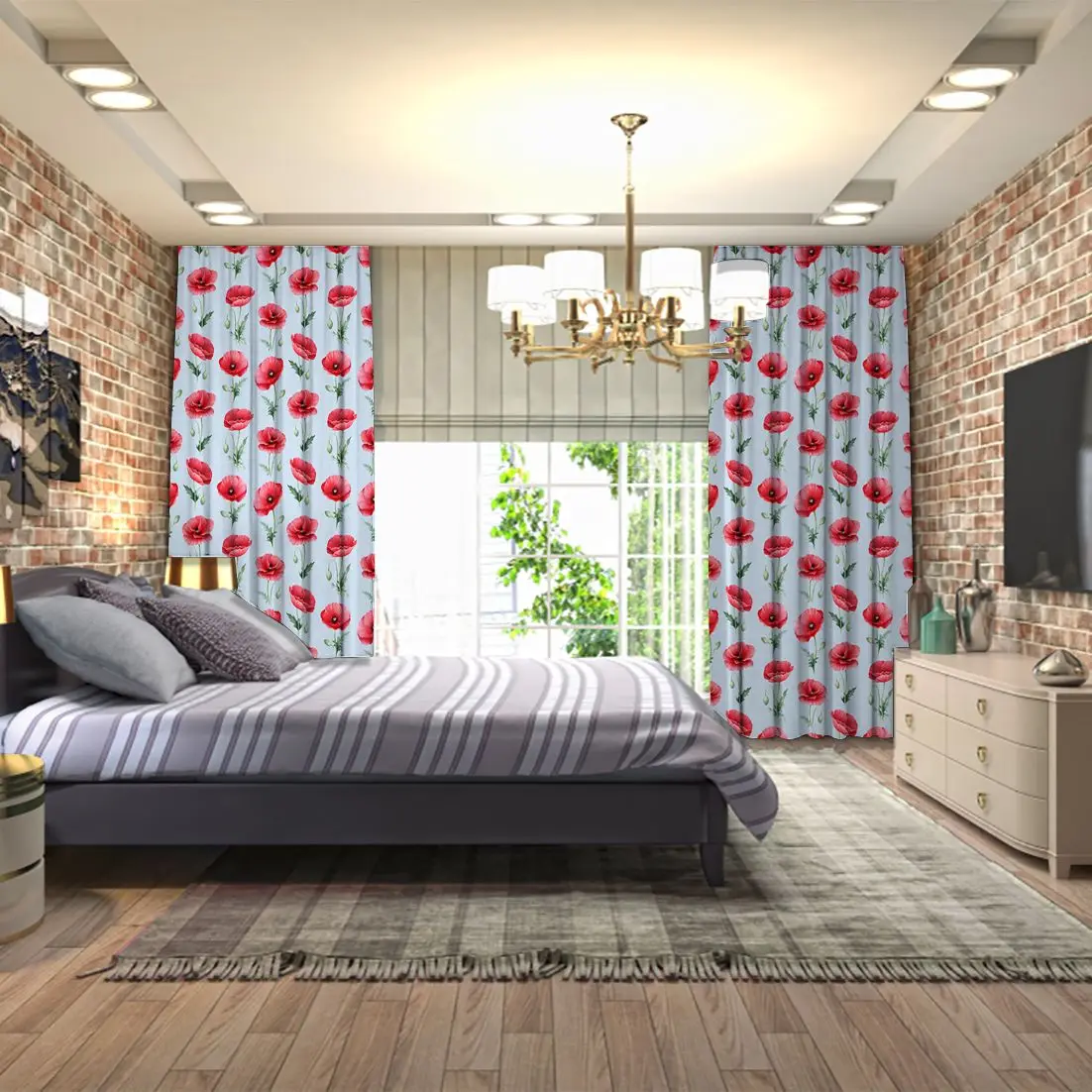 Занавеска цветы листья Акварельный узор весенний сад полевые красный зеленый