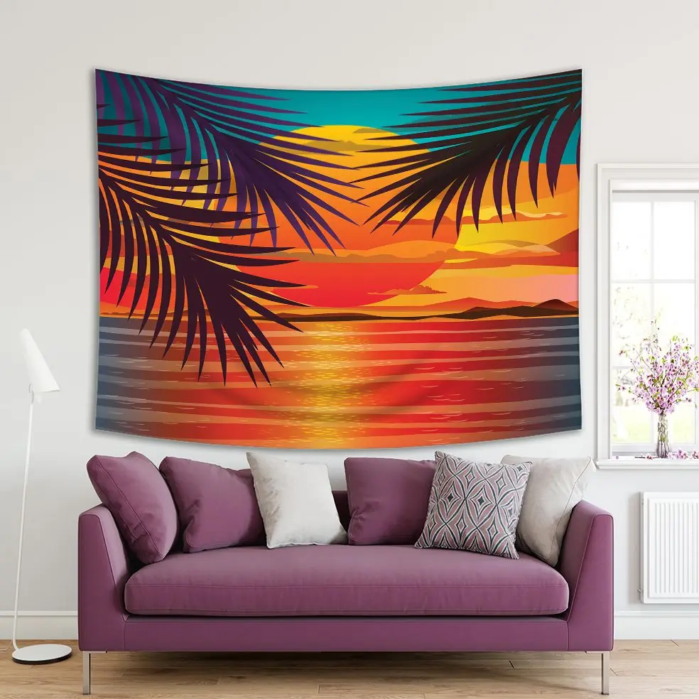 

Tapestry Beach Sunset Landscape with Palm Tree Leaves Colorful Summer Sky Blue Orange Red Romantic Scene Print
