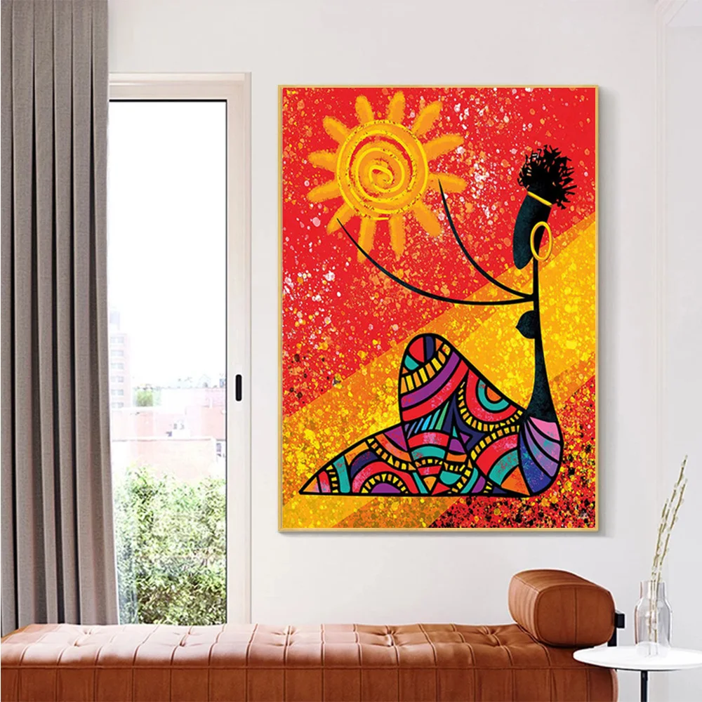

Creative African Woman and Sun Canvas Painting Colorful Abstract Poster and Print For Living Room Wall Art Home Decoration
