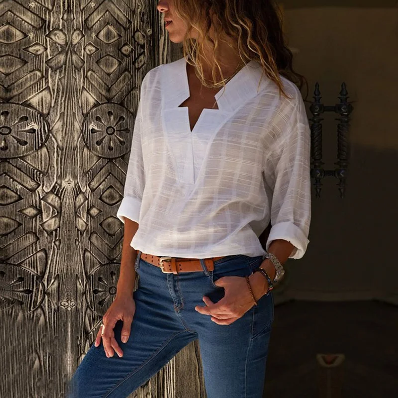 Women Cotton White Casual Top Long Sleeve Leisure Blouse Double V-neck Tops Lady Shirt | Женская одежда