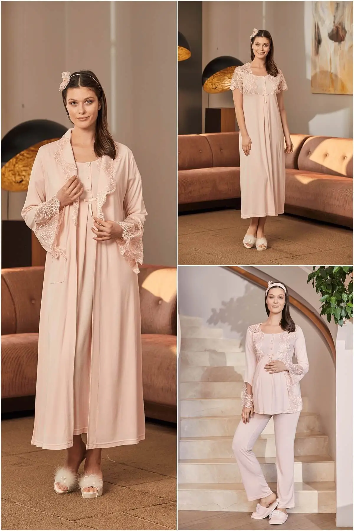 

Women's Dressing Gown Postpartum Set Powder color 3 Piece Set Hair Band Is a Gift