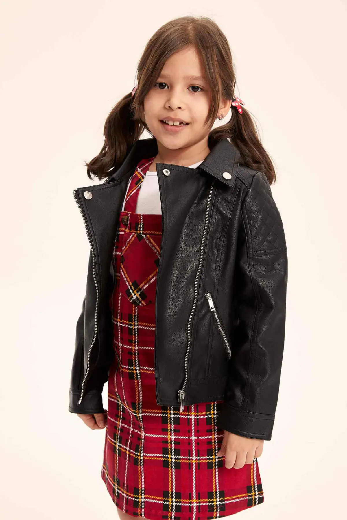 DeFacto Girl Black Lapel Collar PU Leather Zipper Coat Casual Pocket Cool Jacket Autumn Spring New Fashion Girls - K1206A619SP | Детская