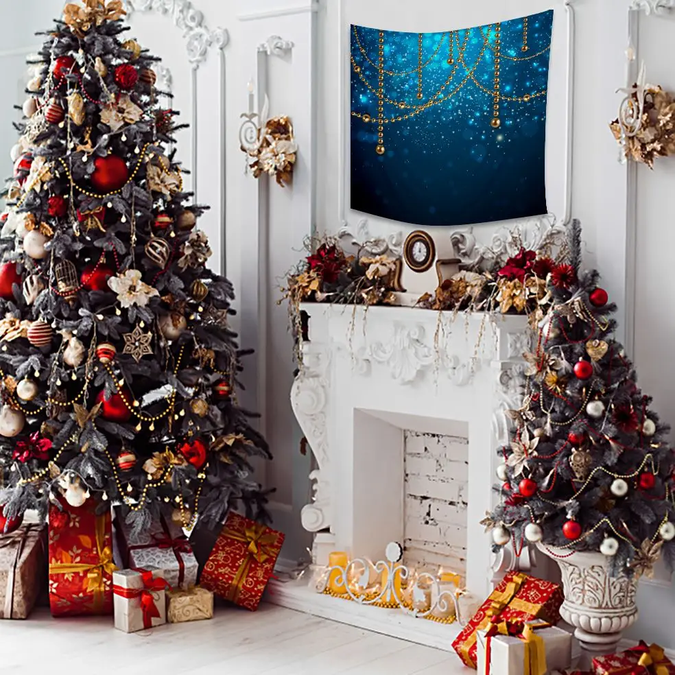 Tapestry Golden Decorating Baubles On Glowing Holiday Becomes Blurred Background Snowflakes And Stars Yellow With Blue | Дом и сад