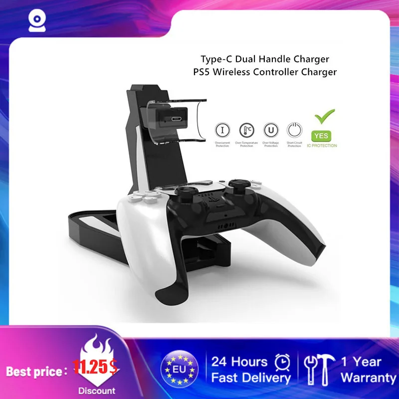 

Зарядная док-станция для PS5, держатель для геймпада, зарядное устройство с двумя ручками типа C, беспроводной контроллер, игровая консоль, ак...