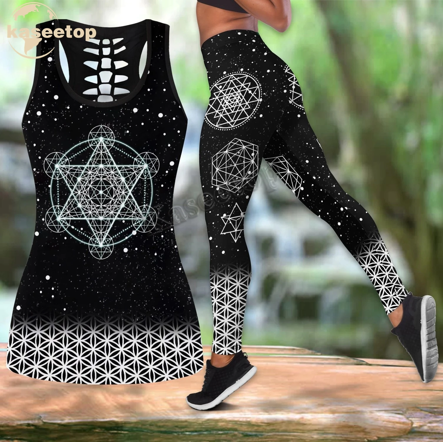 

Sacred Geometric Chakra Sacred Geometry Two Piece Yoga Set Women 3D Print Vest Hollow Out Hollow Tank & Legging Outfit Summer