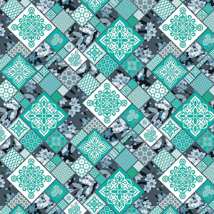 

Curtain Floral Ornaments Stylized Flowers Leaves Lace Patchwork Decorative Artwork Turquoise White
