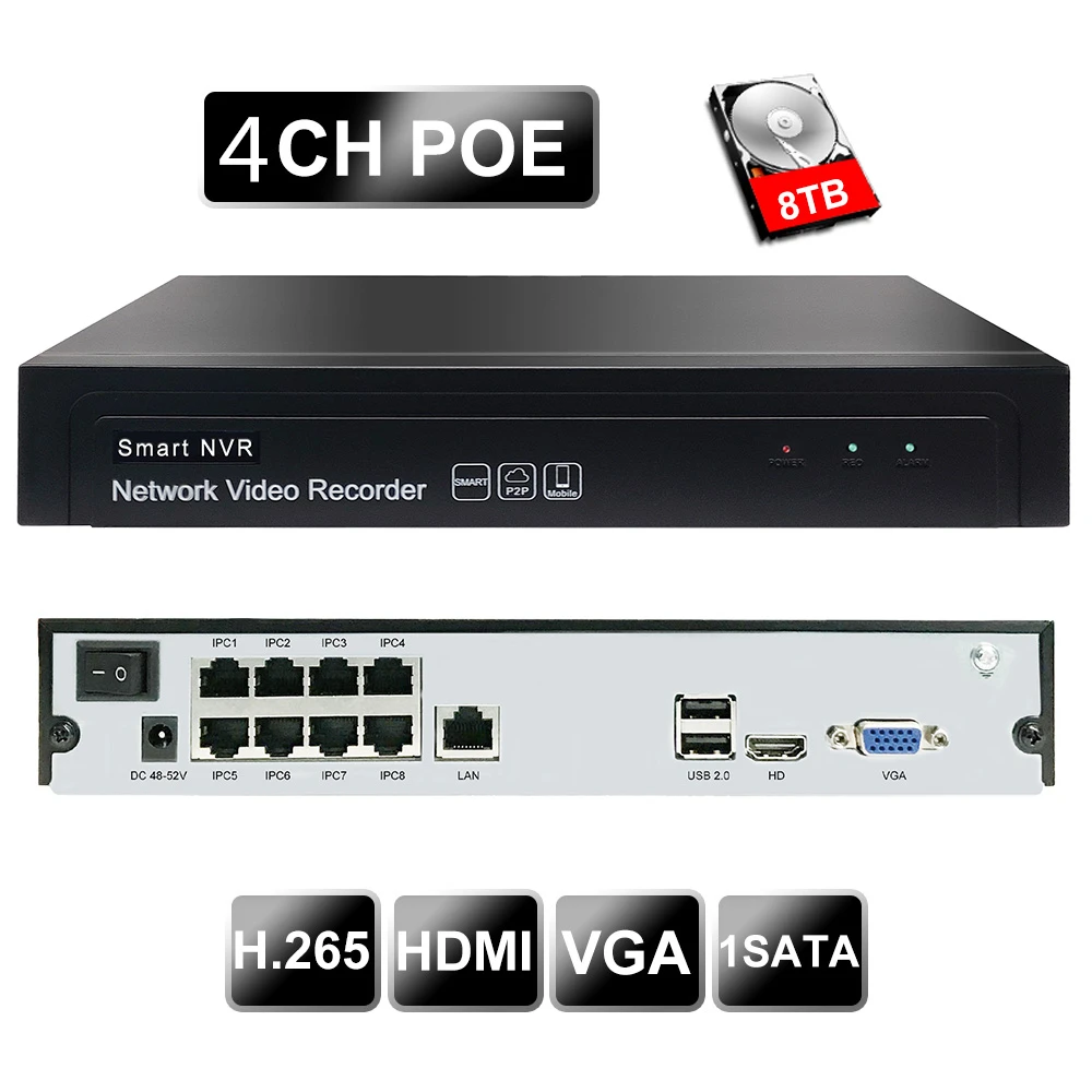 Onvif NVR поддерживает 16 канальный видеорегистратор 5MP ip камера 4CH POE UP8TB P2P Запись