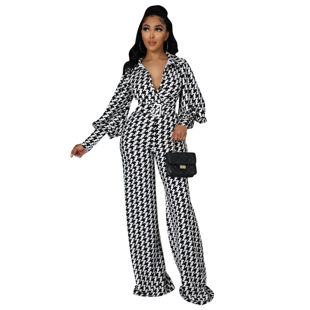2022 Fashion Office Lady Houndstooth Print Lantern Sleeves Belt Wide Leg Jumpsuit for Women